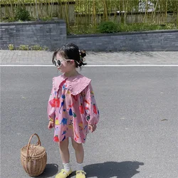 2024 Spring New Korean Children's Wear Girl's Fragmented Flower Flip Collar Long sleeved Lantern Sleeves Princess Dress