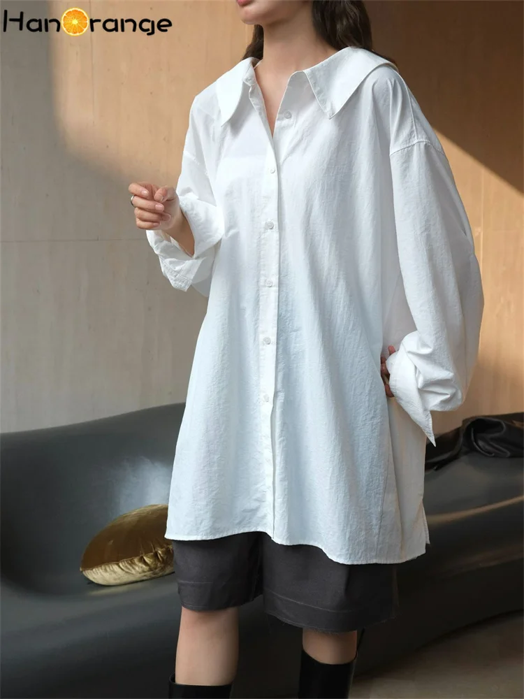 

HanOrange 2024 Autumn Lazy Turn-Down Collar Shirt Women Loose Nylon Top White