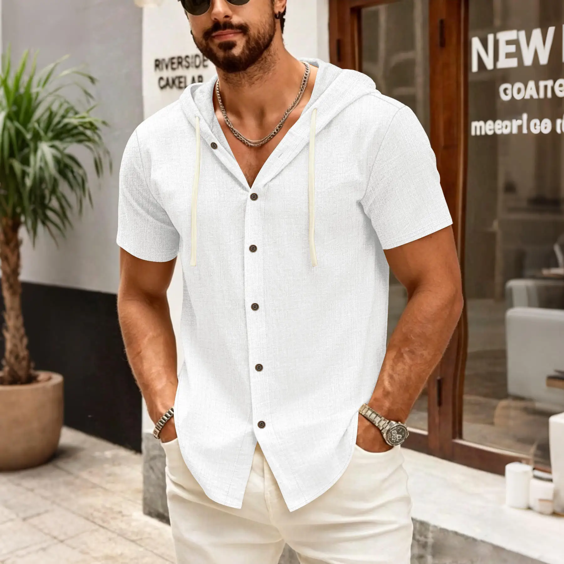 

Men's Summer Thin Breathable Color Woven Loose Casual Short Sleeve Shirt F162 PU Leather Easy Care Non-iron Process