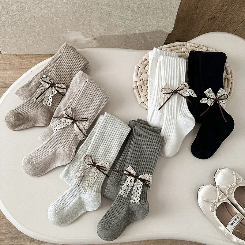 Children Cotton Tights Girls Cute Princess Bowknot Pantyhose Kids Stocking Baby Girls One-Piece Pantyhose Infant Knitted Tights