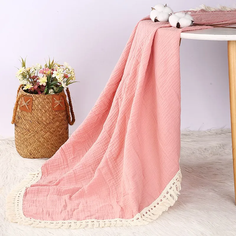 Blanket 120*100cm Muslin Cotton Baby Blanket Newborn Tassel Receiving Blanket Swaddle for Girl Boy Baby Bath Towel Baby Stuff