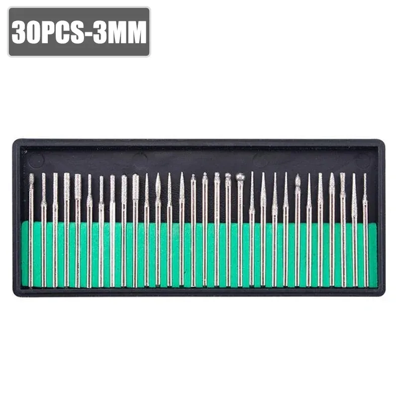 30Pcs Diamond Burs Set Rotary Tool Accessories 2.35/3mm Shank for Dremel Electric Grinder Abrasive Drill Bits with Storage Box