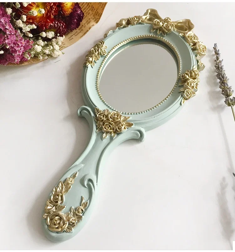 1Pc Rectangle Hand Hold Cosmetic Mirror With Handle Makeup Mirror Cute Creative Wooden Vintage Hand Mirrors Makeup Vanity Mirror