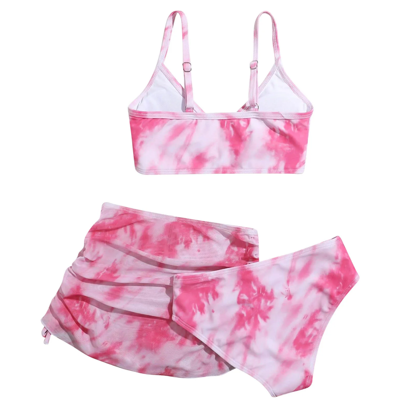 8-14Y Girls\' Summer Swimwear 2024 New Fashion Cute Crisscross Tie Dyeing Printing Floral Print Three Piece Swimsuit Bathing Suit