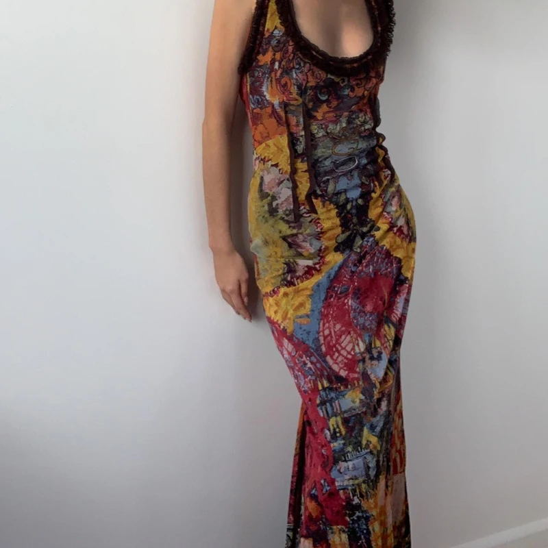 Candyhot Sexy Backless Holle Mouwloze Maxi Jurken Vintage Olieverfschilderij Print Bodycon Jurk Esthetische Partij Slanke Vestidos