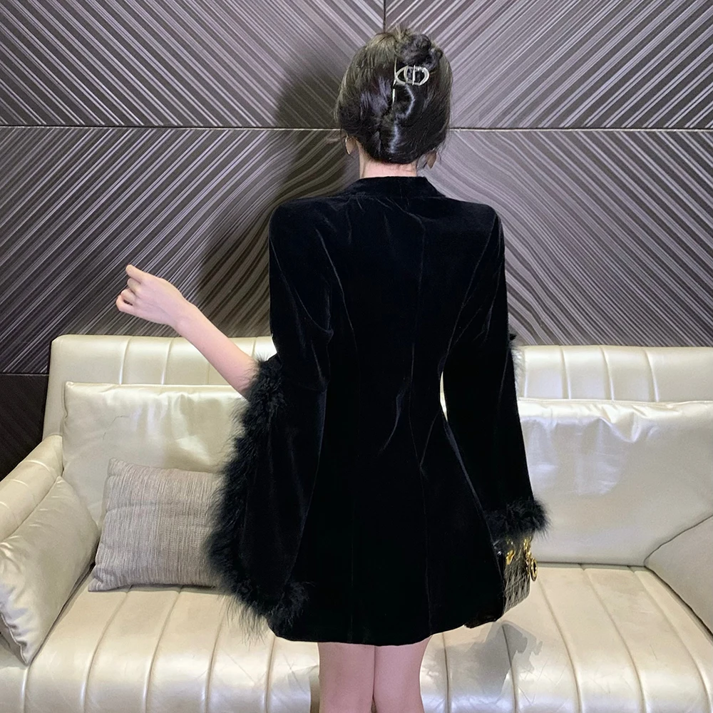 Fur Feather Cuffs Long Sleeve Blazer Dress Women Black Winter Velvet Elegant Night Club Party Jackets Streetwear Slim Thick Coat