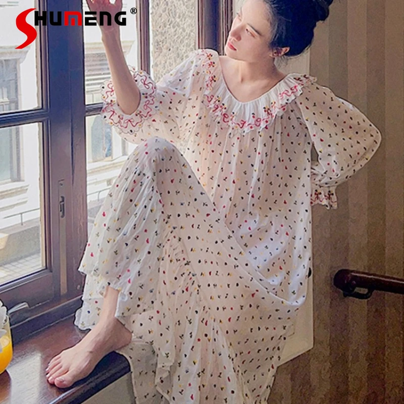 

French Fairy Embroidery Homewear Girls Long Sleeve Sweet Loose Nightdress Women Wearable High End Sleepshirts Long Dress