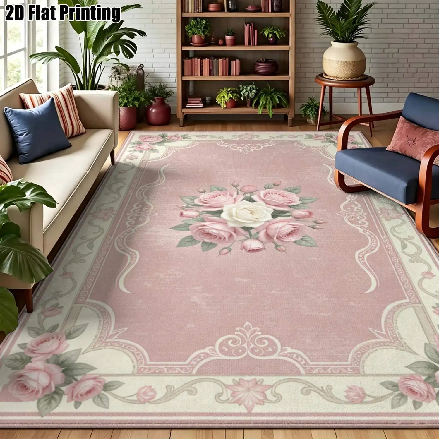 1Pc 2D Printed Pink Flower Pattern Carpet: European Retro Floral Classic Border, Multi-Size, Machine Washable, for Home Decoration & Multi-Scenario Use