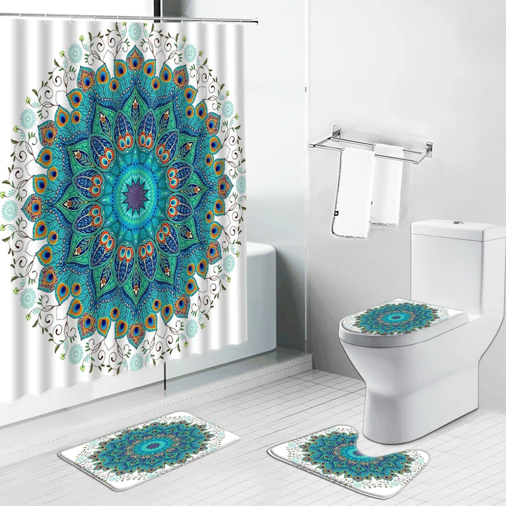 Indian Ethnic Floral Mandala Flower Shower Curtain Vintage Arabic Art Non-Slip Rug Toilet Cover Carpet Mat Bathroom Curtains Set