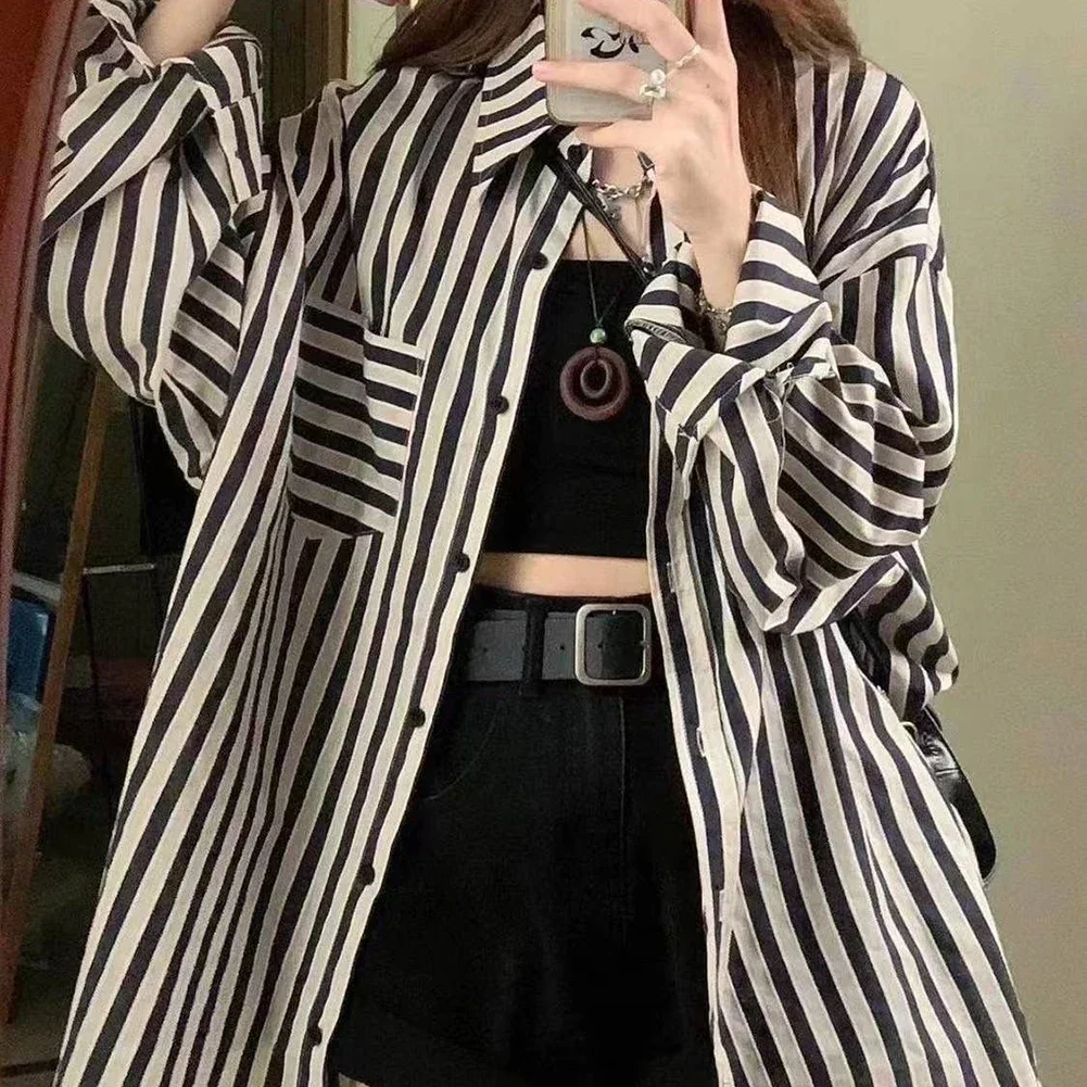 

Daily Wear Commuting 2XL Loose Black Striped Shirt Black Striped Loose Fit Blouse Top Casual Shirt Brand New Condition
