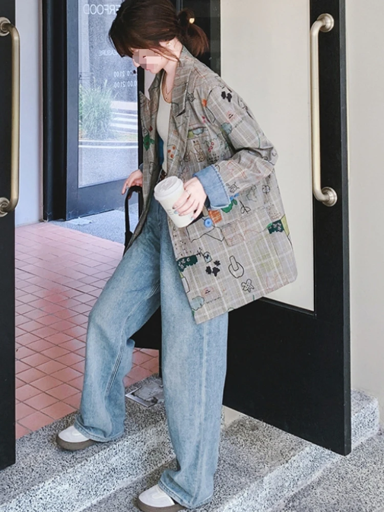 Onecozyday 2025 Primavera e autunno Giacca casual ampia da donna nuova Giacca di media lunghezza Cappotto con stampa graffiti Abbigliamento quotidiano Capispalla