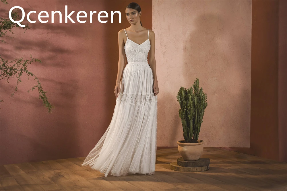 Qcenkeren Wedding Dresses Spaghetti Straps Boho Lace Women Bridal Gowns vestido invitada boda noche 파티 드레스