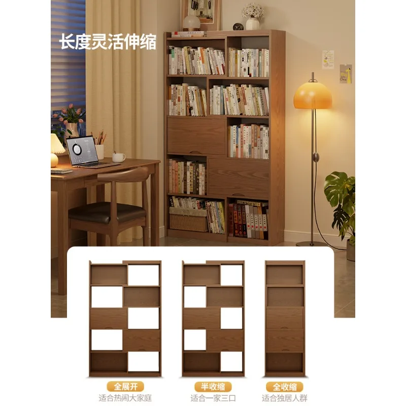 Solid wood bookcase free combination lattice cabinet, living room floor shelf, retractable display cabinet bookshelf integrated
