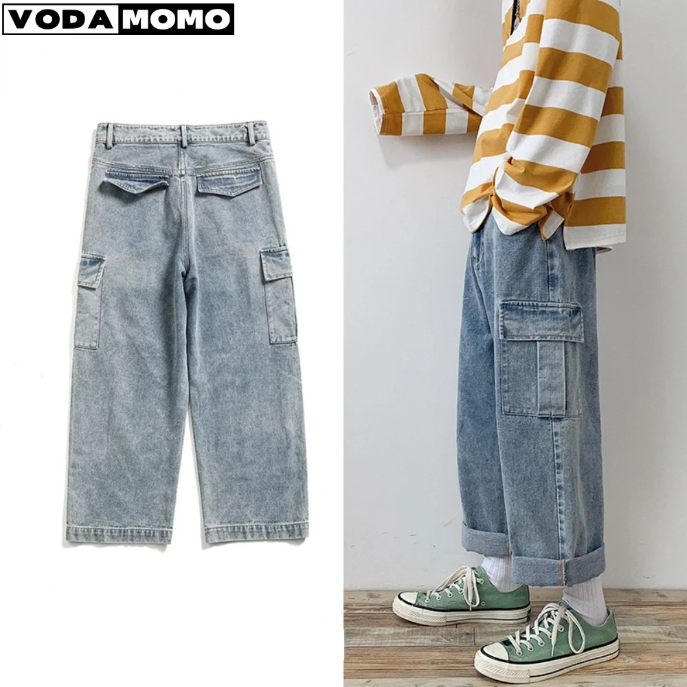 

Pockets Patchwork Jeans Mens Retro Vintage Denim Pants Male Streetwear Straight Wide Leg Jean Blue Cargo Pants jeans men