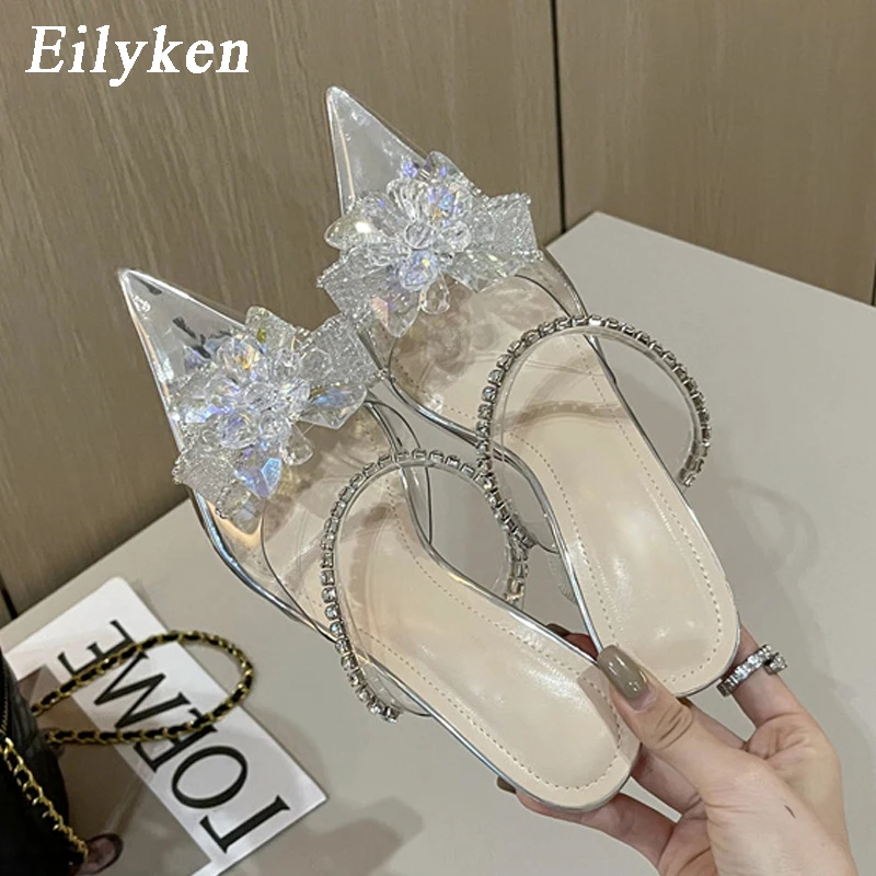 Eilyken Fashion String Bead Crystal Buckle Women Pumps Sexy Pointed Toe Low Heels PVC Transparent Sandals Wedding Prom Shoes