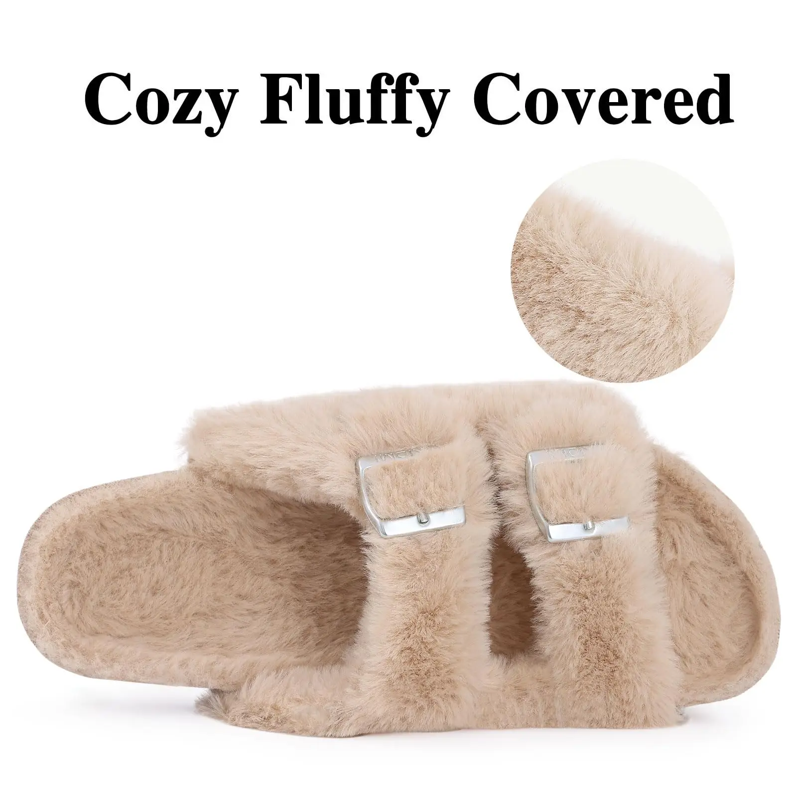 Evshine Women\'s Furry Cork Slippers Winter Soft Fluffy Open Toe Slippers With Adjustable Buckle Indoor Fashion Plush House Shoes