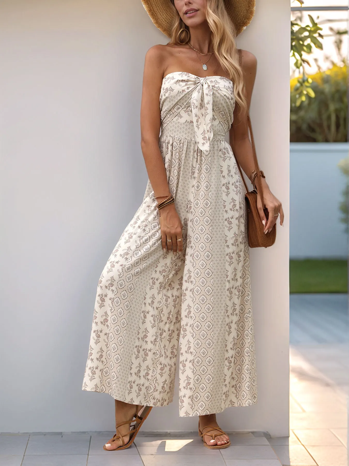 

Summer Holiday Jumpsuit Women Geometric Print Strapless Elastic Bust High Waist Full Length Pants Wide Legs Rompers Boho 63955