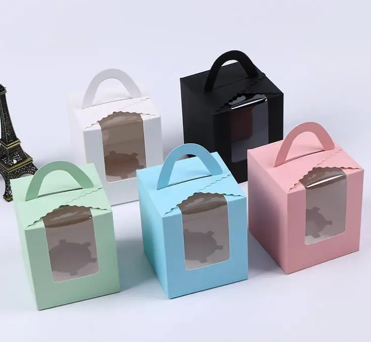 5 Colors Single Cupcake Box with Window & Handle Macaron Box Mousse Cake Box Baking Packaging Wholesale