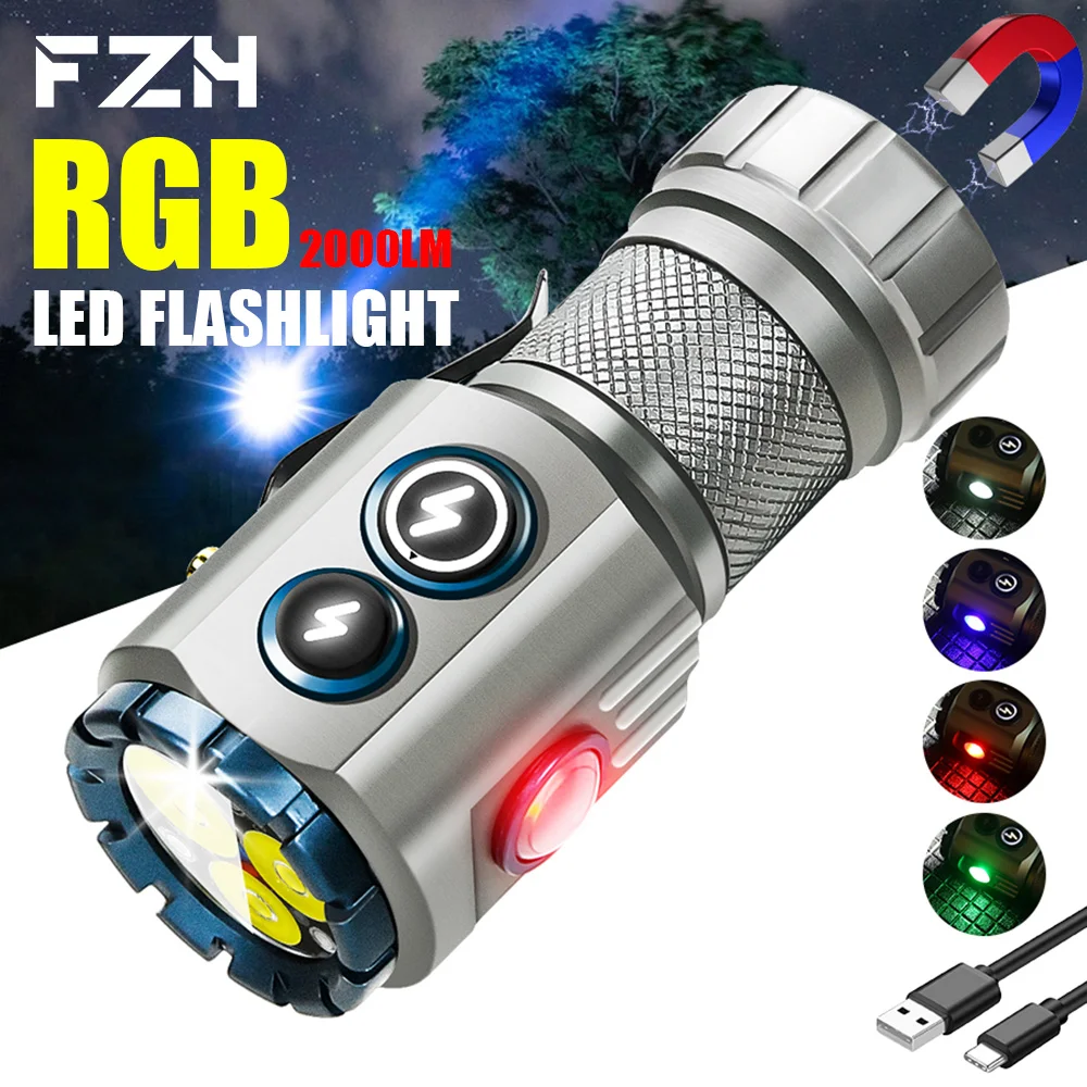 

2000LM High Power Led Flashlights USB Rechargeable EDC RGB Torch 18350 Battery 5-mode Lighting Camping Lantern with Tail Magnet