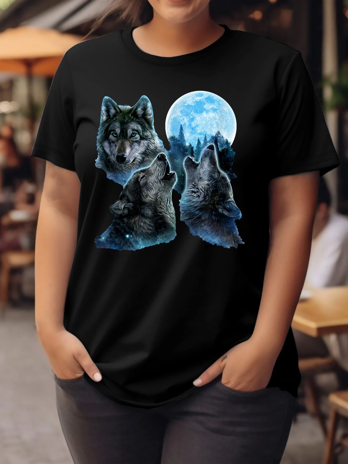 Plus size fashion Three wolves blue Moon T-shirt Women Clothing Graphic T Shirt Vintage Unisex Casual Female Tops Tees