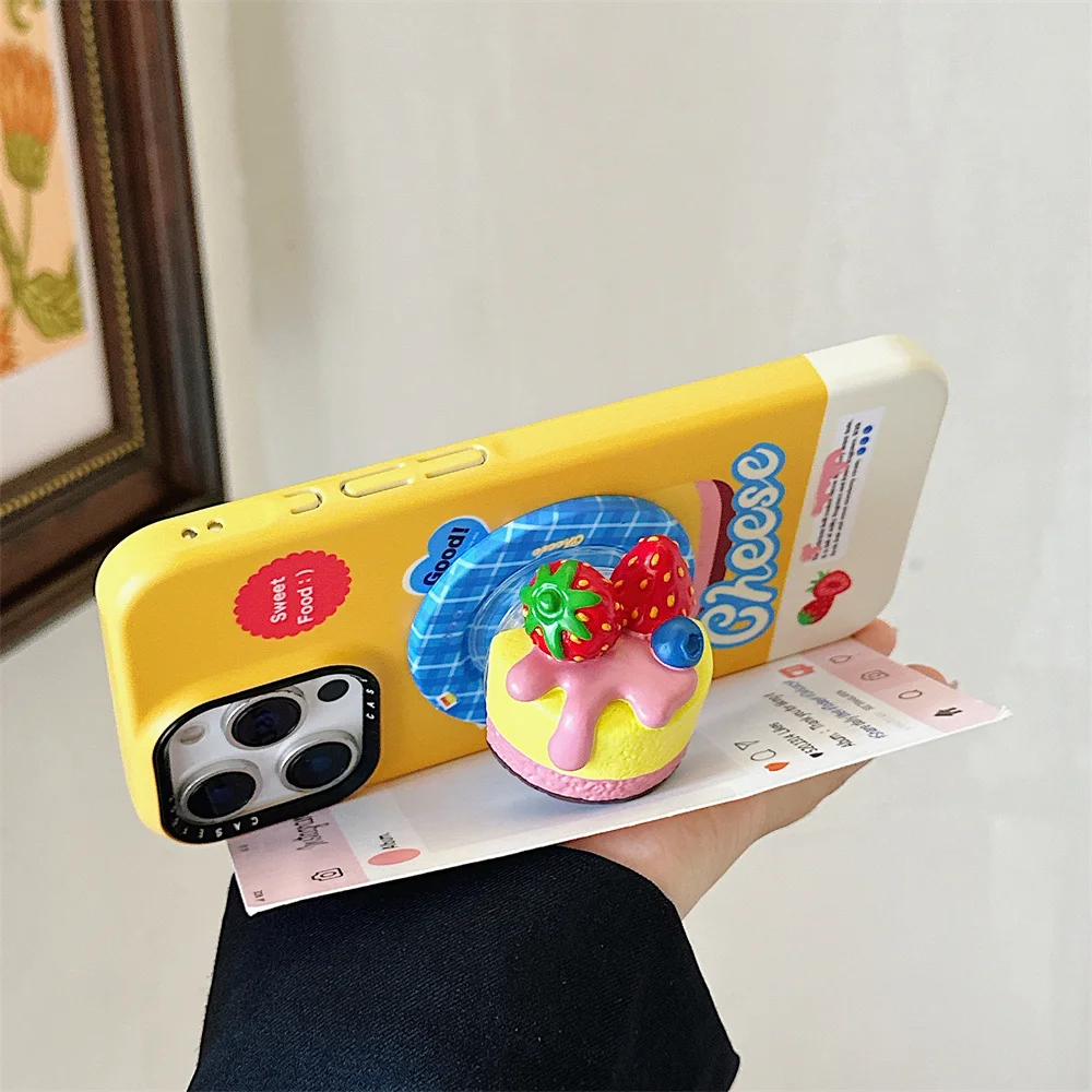Custodia per telefono con supporto per torta alla fragola creativa Instagram, adatta per iPhone 16 Pro 15 14 13 Pro Max, adatta per Magsa