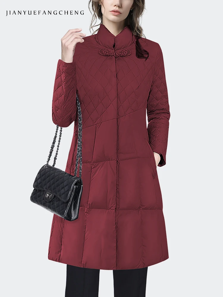 Fashion Women Lightweight Thin Down Jacket Wine Red Slimming Lengthened Stand Collar Puffer Coat Warm Windproof Duck Down Jacket