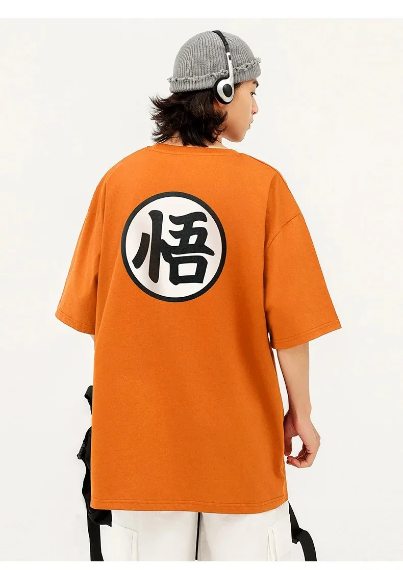 New Dragon Ball Wukong Character Orange Short Sleeved T-shirt for Men Pure Cotton College Style COS Parent-child Outfit