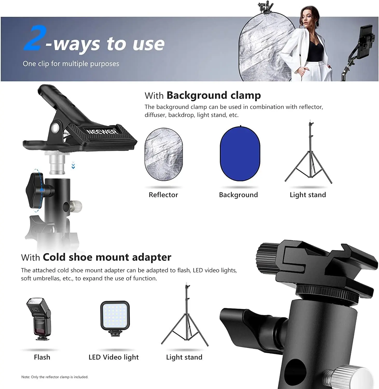Neewer Photo Studio Soporte de abrazadera de metal resistente y adaptador de zapata fría para sujetar reflector o flash y paraguas