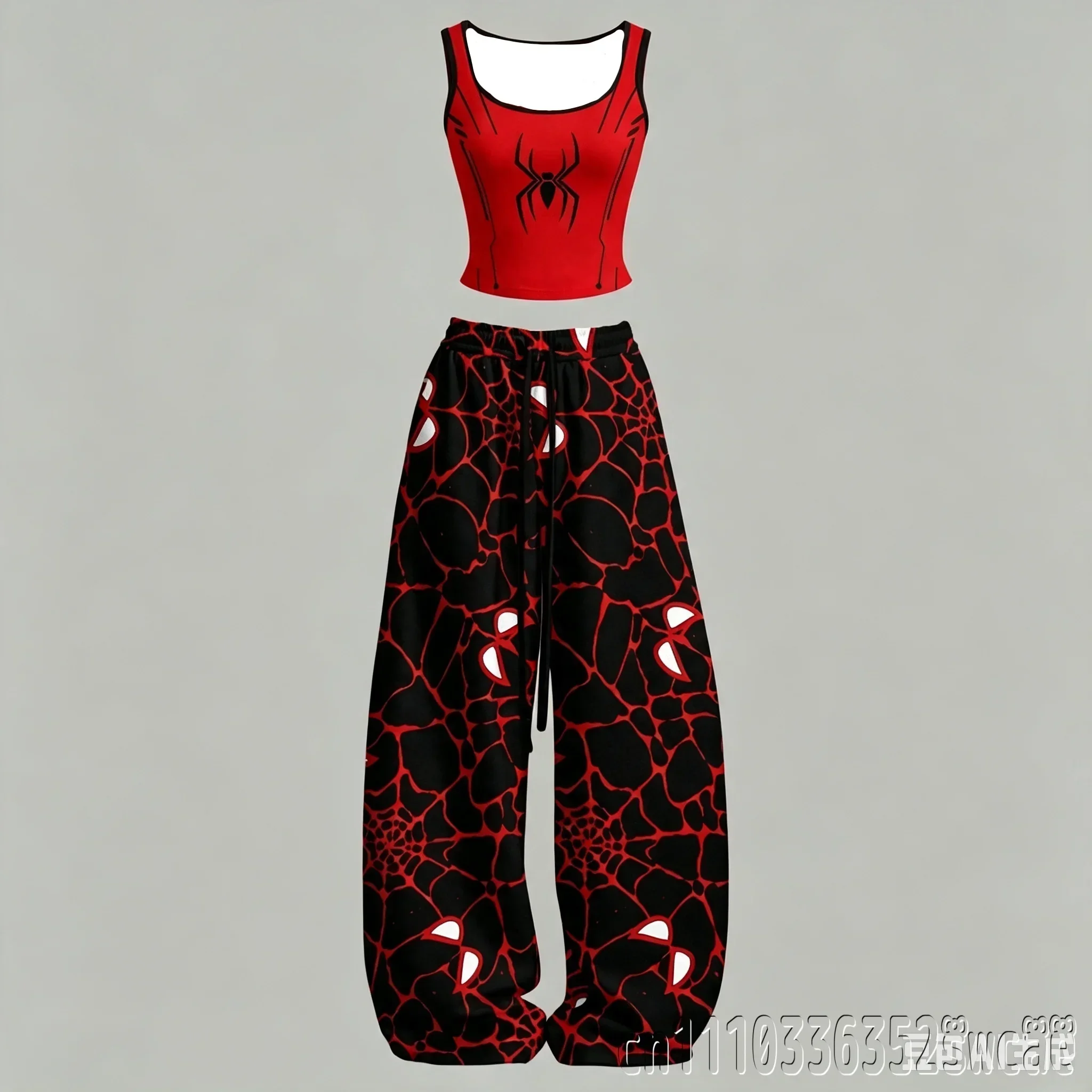 2026/27 Spinnennetz-Print Crop-Tanktop und Weitbein-Hosen-Set Lässiger Zweiteiler Trainingsanzug Hot Girl Streetwear Outfit für Familie K – Detail 4