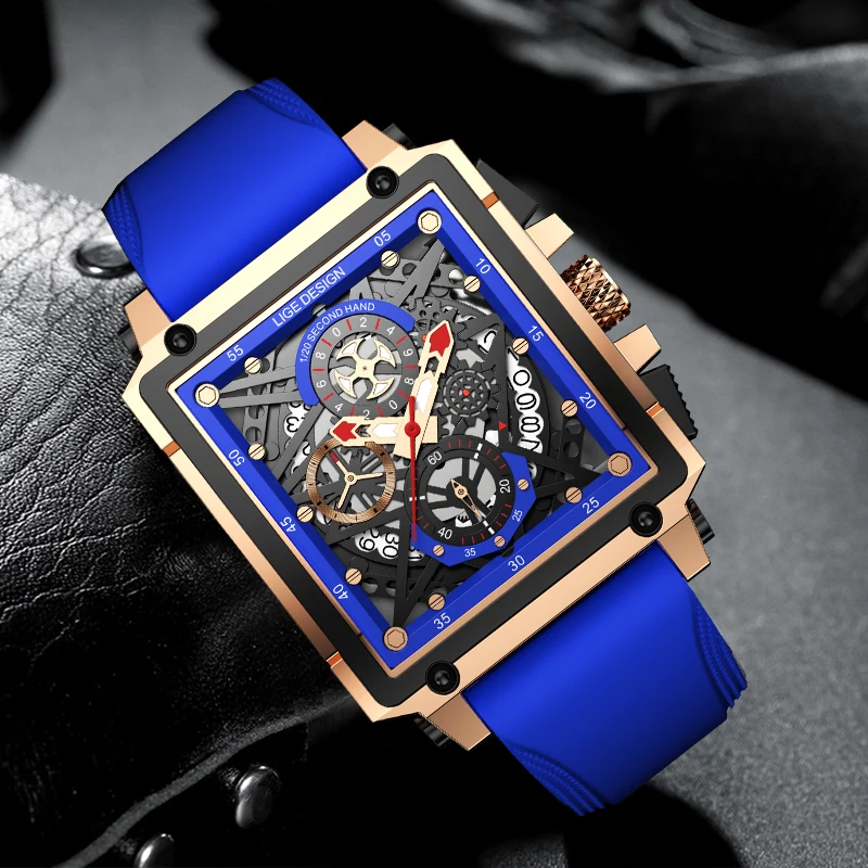 ساعات يد كوارتز رياضية للرجال من LIGE ، ساعة مقاومة للماء عسكرية للأعمال ، ساعة مجوفة مربعة الشكل أنيقة ، صندوق متضمن