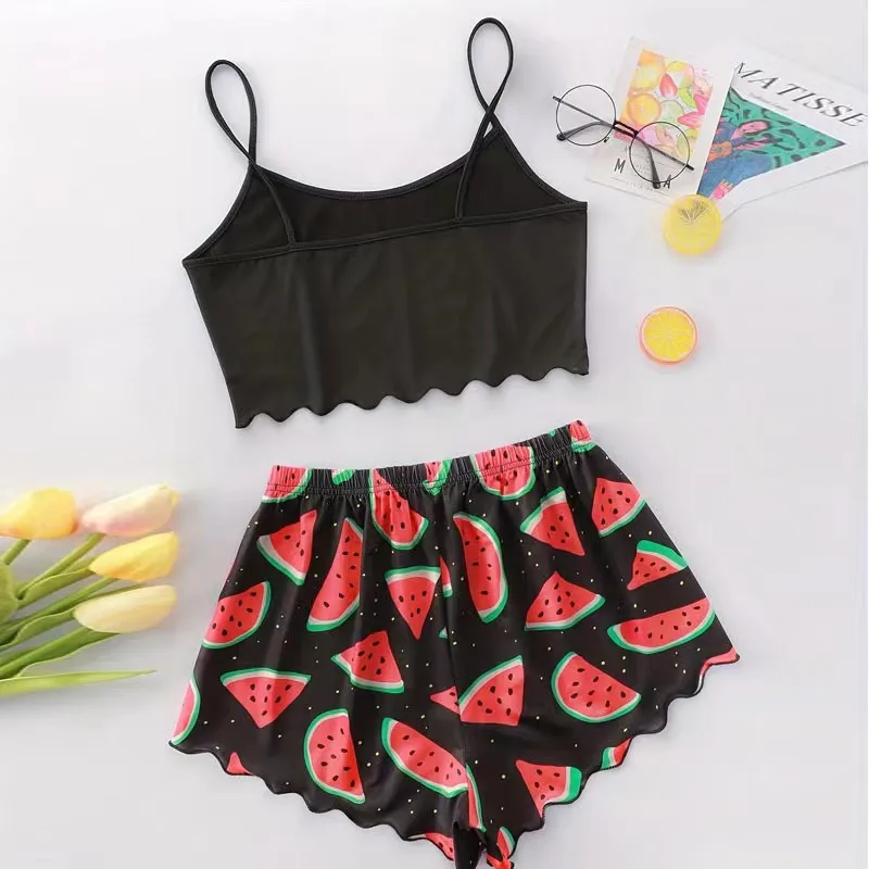 Women\'s Pajamas Set Sleepwear 2 PCS Short Tank Tops And Shorts S M L Black Ventilate Soft Casual Watermelon Printing