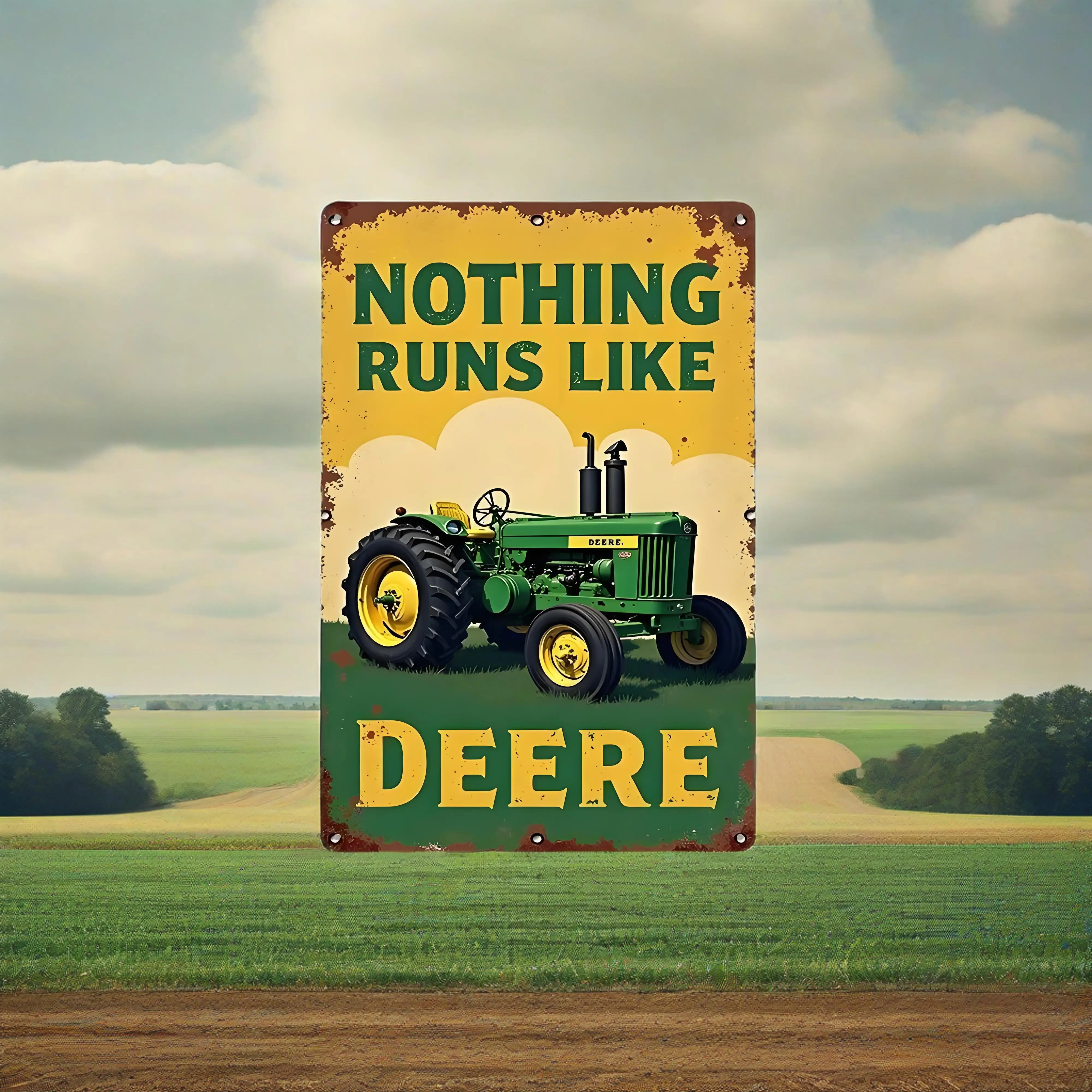 "GreenGold Vintage: Placa de lata desgastada do trator John Deere |   Decoração icônica 'Nothing Runs Like Deere' para santuários e barnos de garagem"