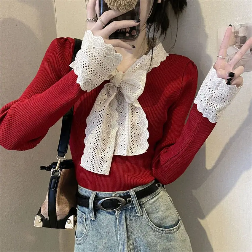 French Lace Bow Knit Sweater for Women Red Slim Fit Base Sweater Top