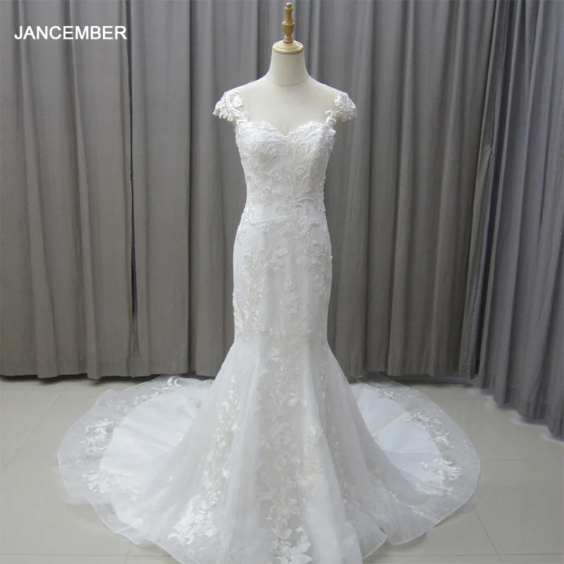 

Jancember Elegant Scoop Mermaid Wedding Dress Women White Illusion Lace Bridal Gown Sweep Train Vestidos De Novia MZ22309