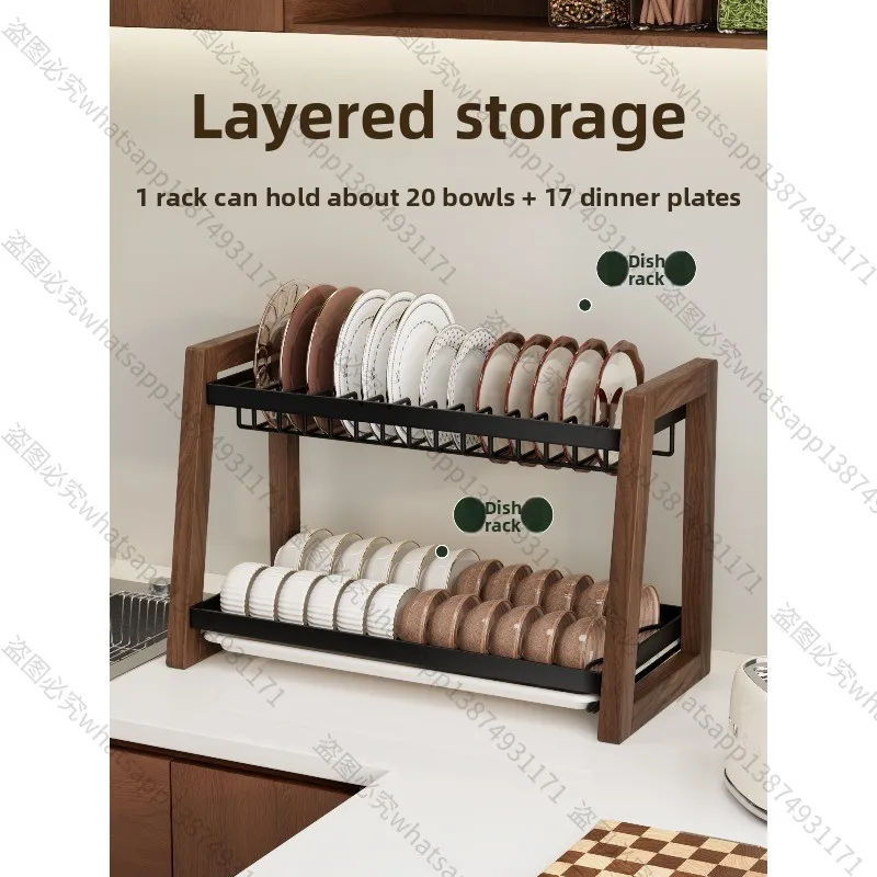 Walnut Kitchen Dish Rack Countertop Dish Plate Drainer Storage Holder Mid Century Style Tableware Cutlery Seasoning Organizer