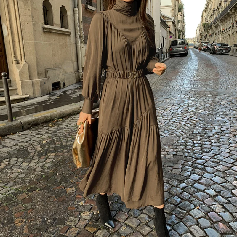 

Turtleneck Pleated Design High Waist Long Sleeve Maxi Dresses for Women Korean Fashion Clothing Chic Spring Elegant Ladies 2022