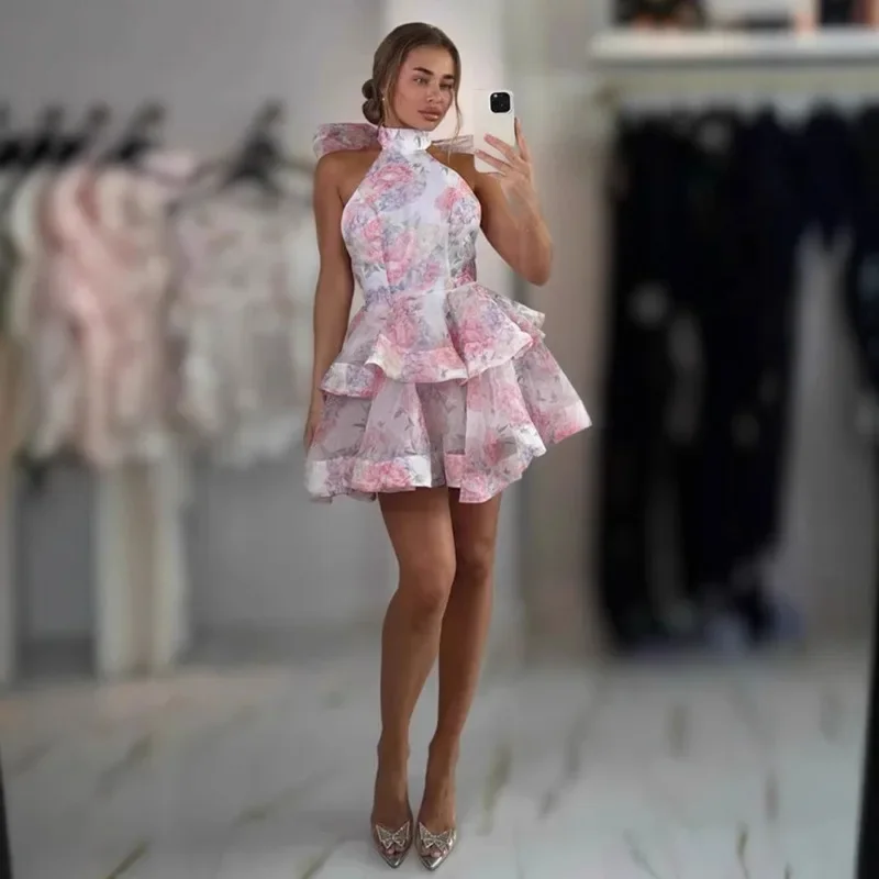 Sem mangas em camadas plissado uma linha espartilho flowy casamento cocktail festa mini vestido de baile feminino elegante floral impressão halter vestido