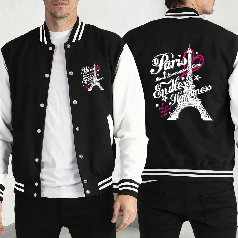 

Paris Most Romantic City Men Baseball Jersey New Harajuku Clothing Autumn Retro Streetwear Fleece American Top Loose Jacket
