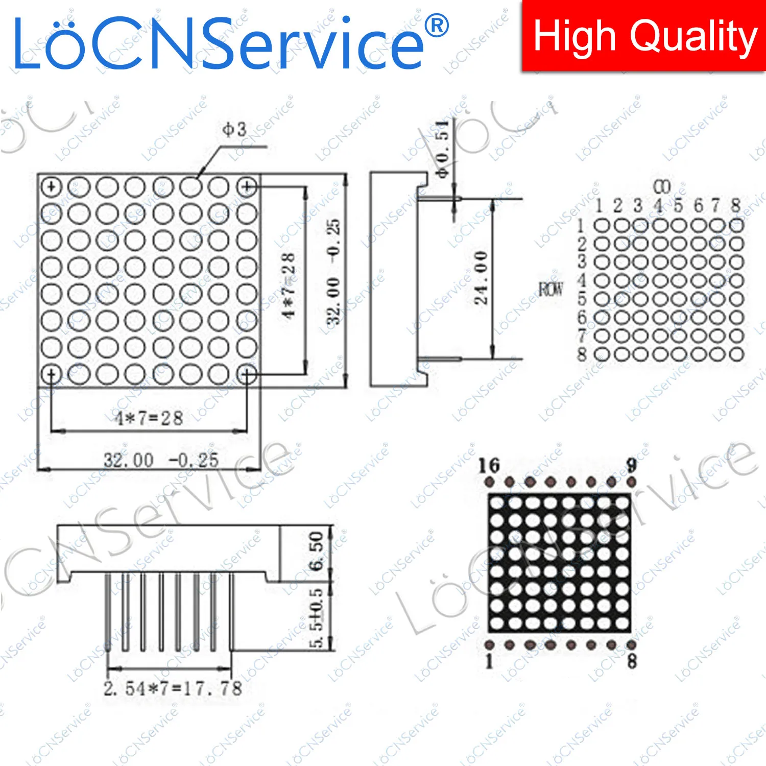 LoCNService 50 SZTUK Czysty Zielony Czerwony Niebieski Biały 1088 8x8 3mm 32x32mm 1088AS 1088AB 1088AW 1088AGG 1088AG Matrycowe wyświetlacze LED 8*8