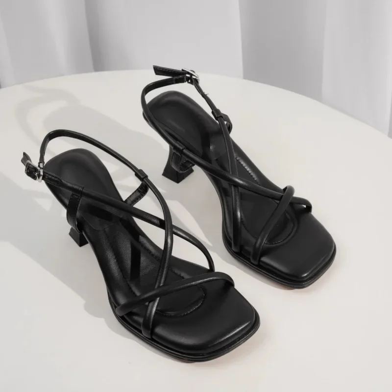 Women's Sandals Summer New High Heel Square Head Open Toe Thin Belt Combination Slip Casual Comfortable Heel Sandals