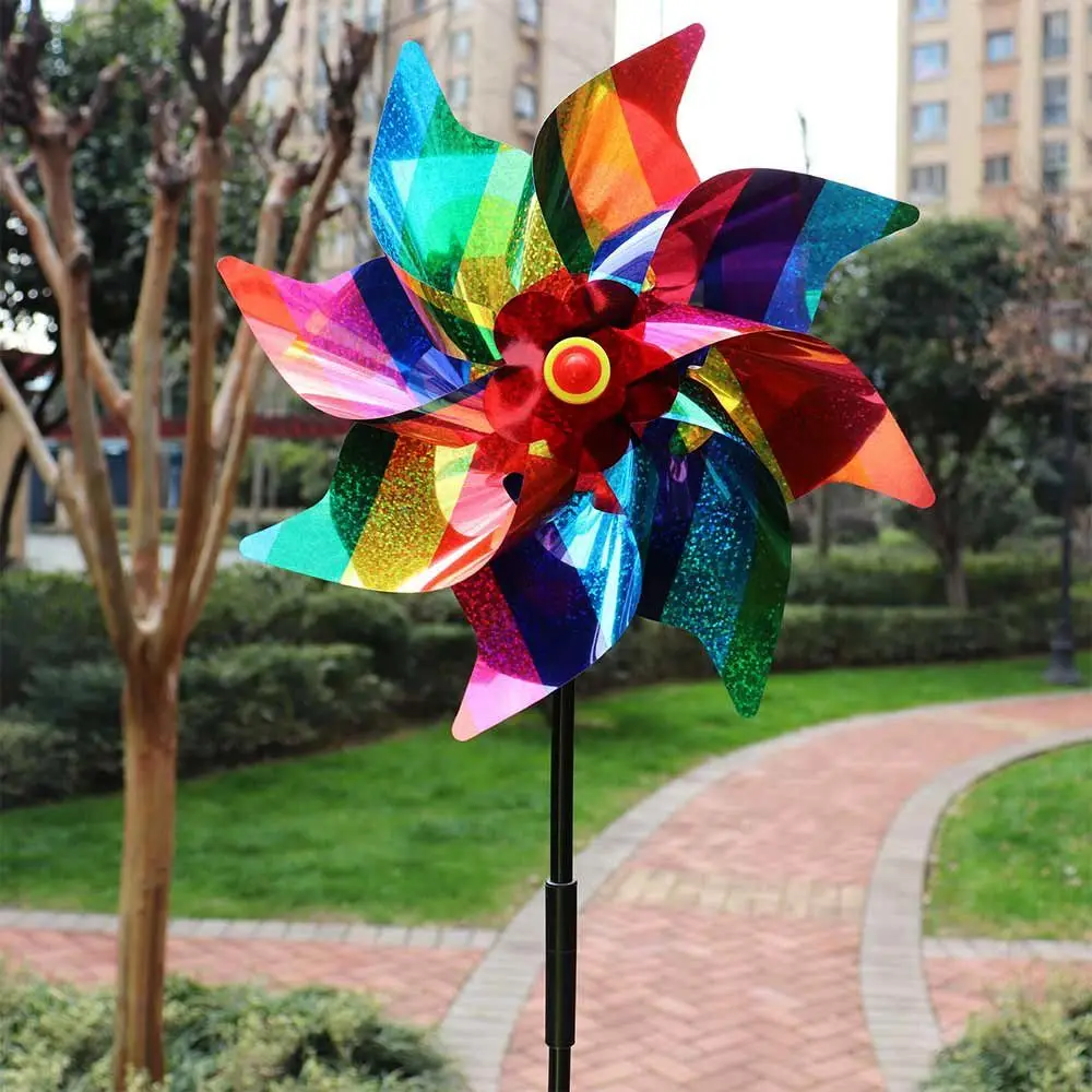 2pcs Reflective Sequin Bird Repeller Hand-held Windmill Double Section Pole Multicolors Bird Repellent Anti Birds Windmill 24cm