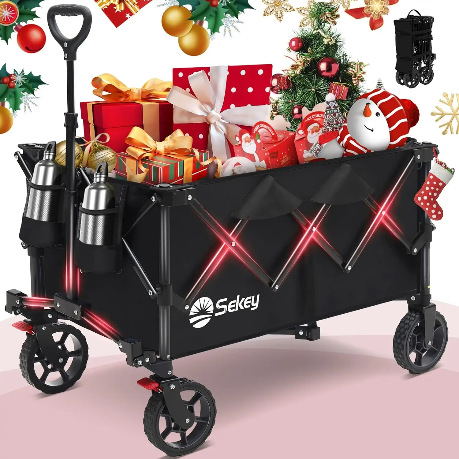 

Heavy Duty Collapsible Wagon Cart with 330lbs Capacity, All-Terrain Wheels & Drink Holders, Black