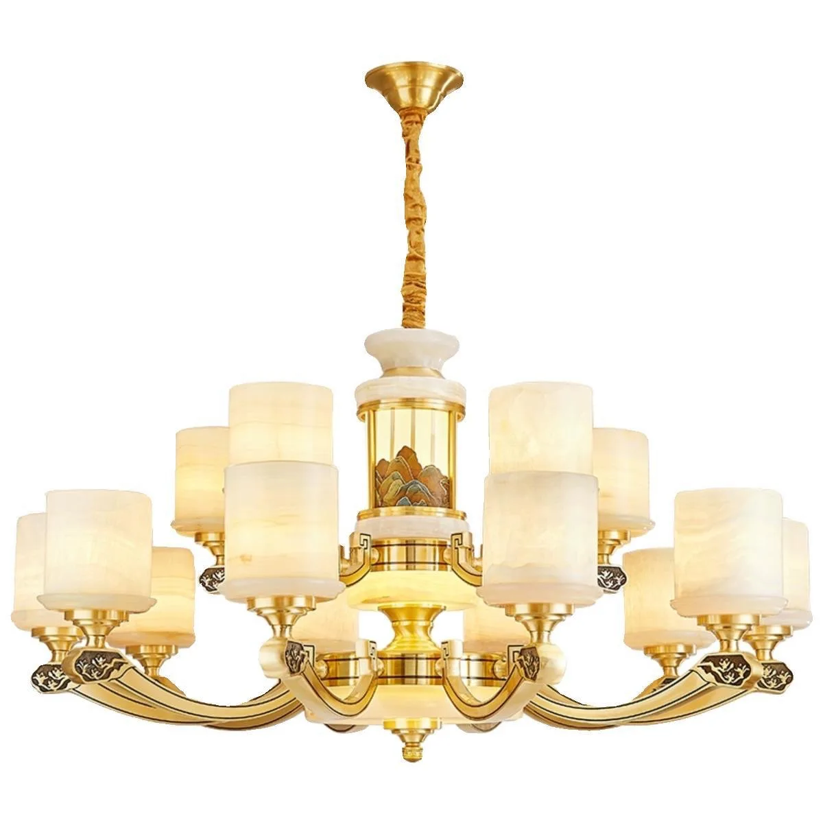 

New Chinese style, chandelier, living room, all copper, jade, Chinese style, duplex, villa