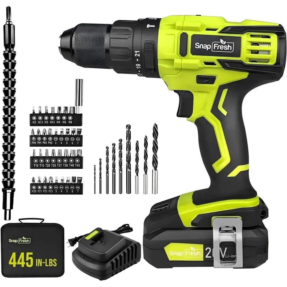 

20V Cordless Impact Drill-1/2 Power Drill/Driver Set, 445in-lbs Torque Max, 2 Variables, 43Pcs Bits w/case, 2.0Ah Battery & Char