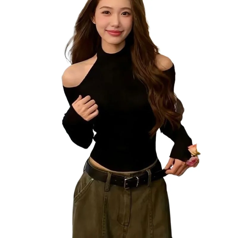 Hollow Comfortable Black Niche Simple Long-sleeved Off-the-shoulder T-shirt Celebrity Exquisite Slim-fitting Waist Bottoming Top