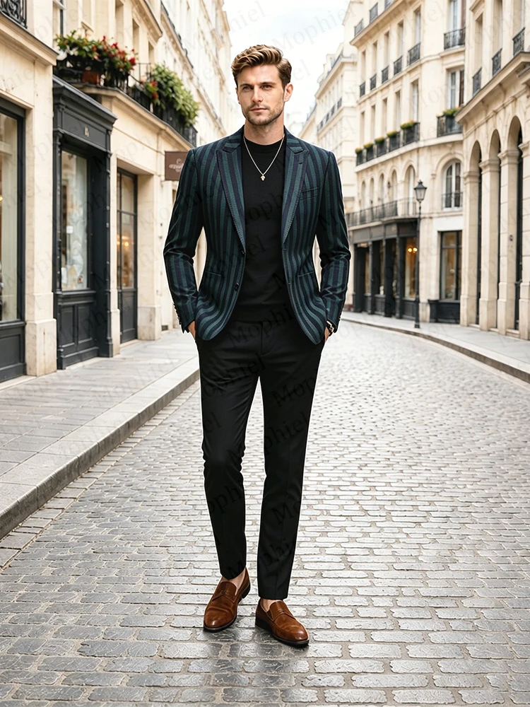 Pinstripe Men's Suit and Separates Tuxedo Peaked Lapel Two Buttons Prom Slim Fit Office Business Outfit Blazer Jacket Customized