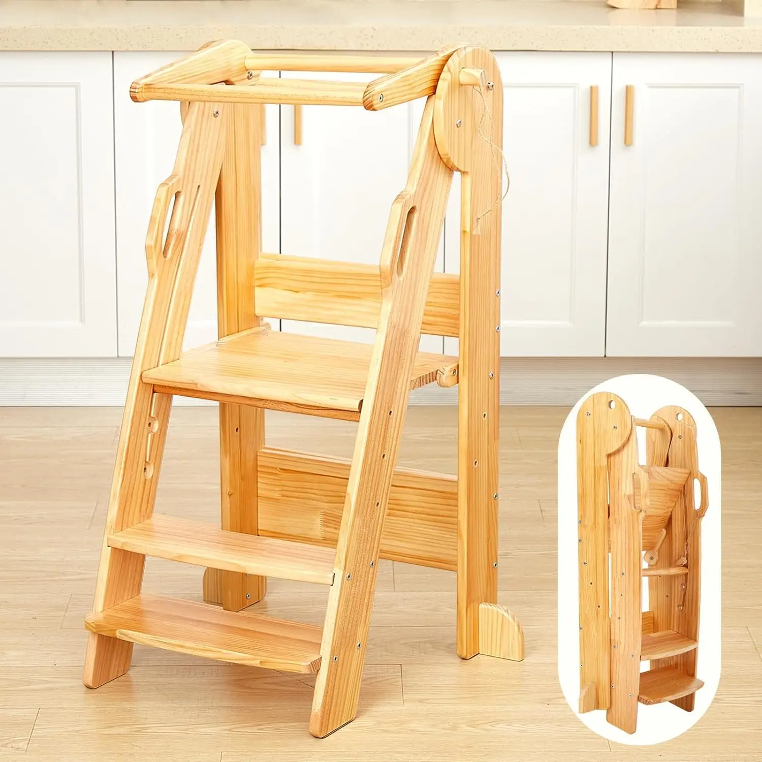 Foldable Adjustable Step Stool for Kids 2-6 Years, Montessori Learning Tower with Safety Rail, Easy Assembly