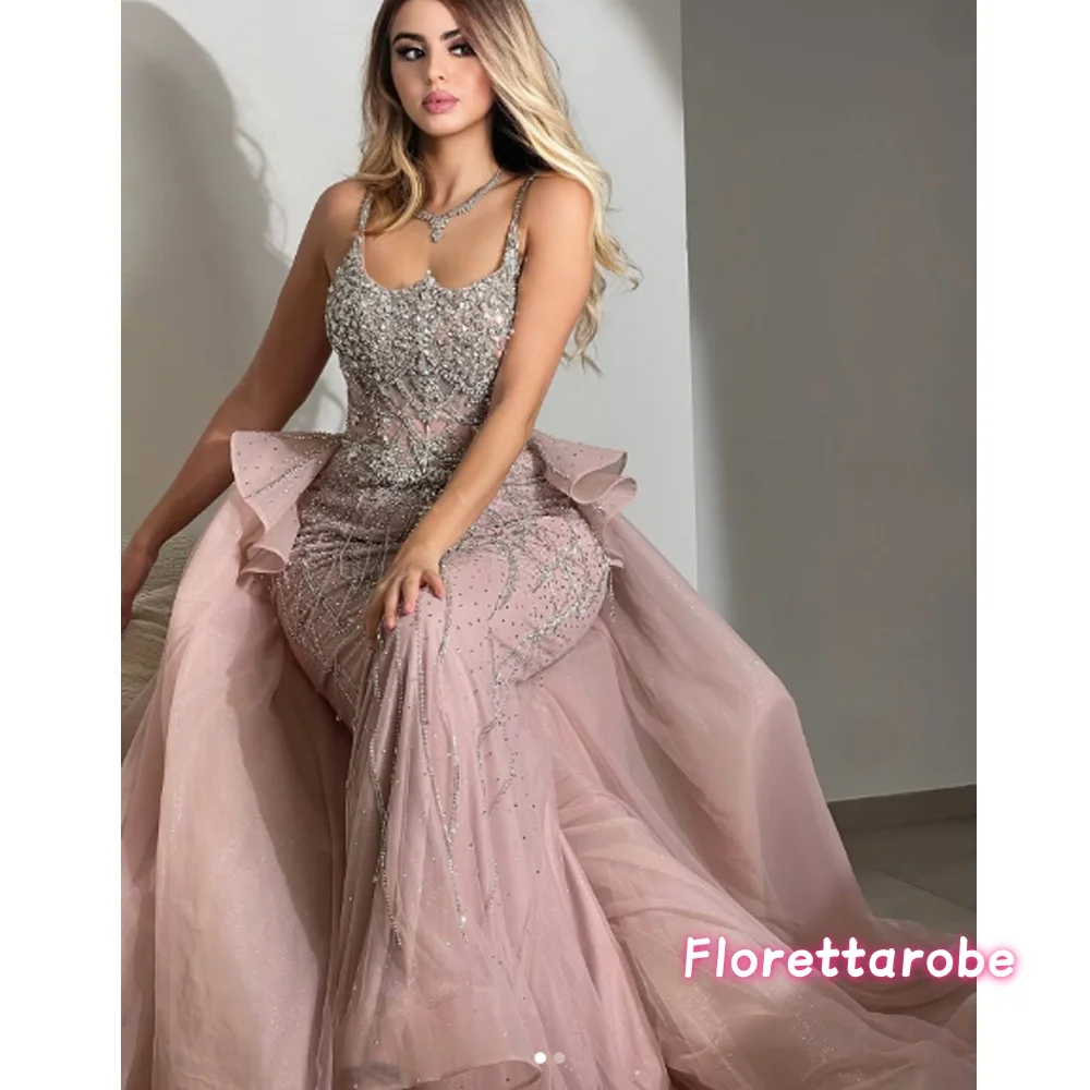 

Customized Luxury Pink Spaghetti Strap Mermaid Beaded Prom Dresses with Overskirt Formal Party Gowns for Women Evening Dresses