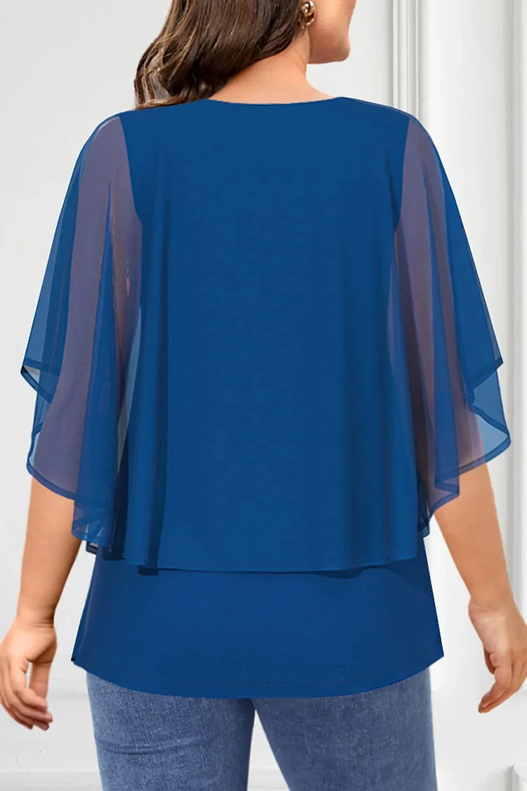 Flycurvy-Blusa de talla grande azul brillante con mangas acampanadas, blusa brillante en capas, Tops con cuello en V