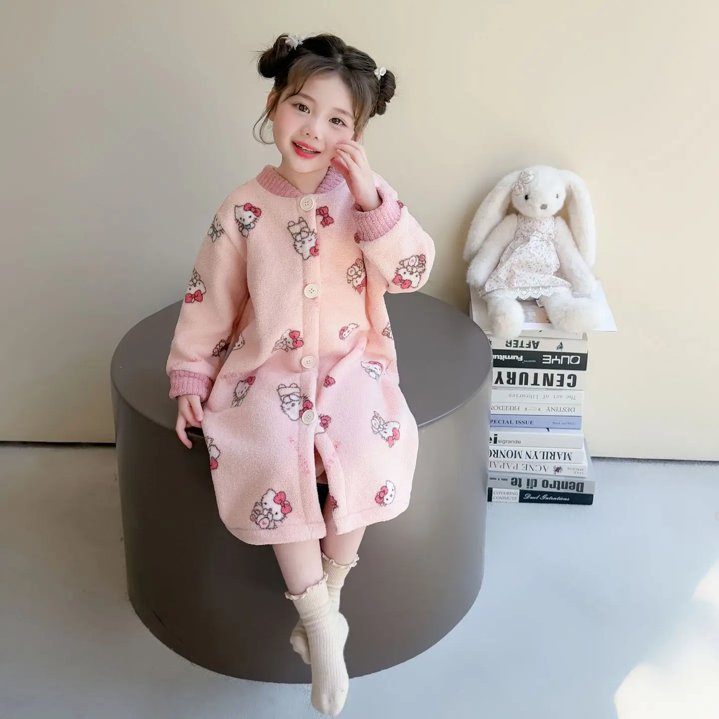 Sanrio Girl Hello Kitty Coral Velvet Pajama Robe Kawaii Children Homewear Anime Student Winter New Thickening Hooded Bathrobe view 6